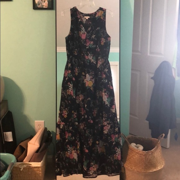 Merona Navy Floral Maxi Dress V Neck Sleeveless Tiered Hem Size M - Picture 3 of 5